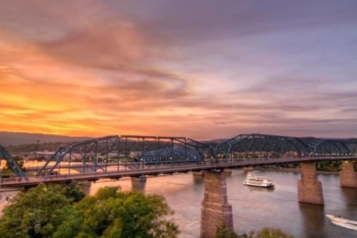 a train crossing a bridge over a body of water