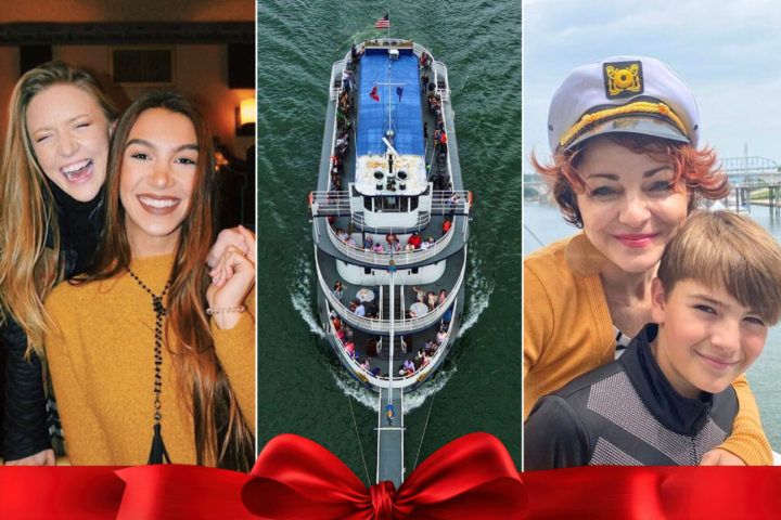 Collage of two smiling women, an overhead view of a boat, and a woman in a captain's hat with a boy.