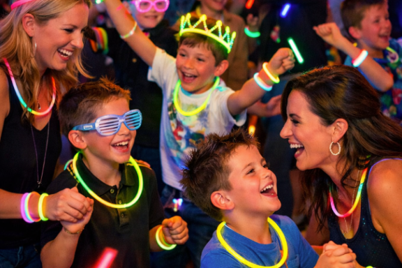 Children and adults dancing with glow sticks and neon accessories at a vibrant party.